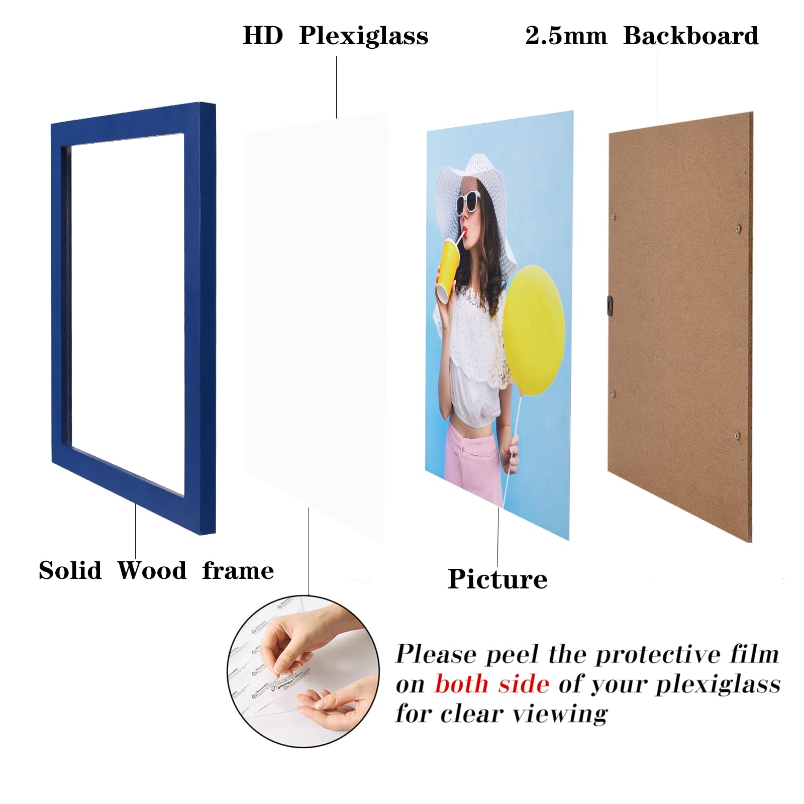 wyooxoo 8x8 Picture Frames Set of 4 Dark blue Solid Wood Photo Frames Colorful Frame with HD Plexiglass, Wall or Tabletop Displa
